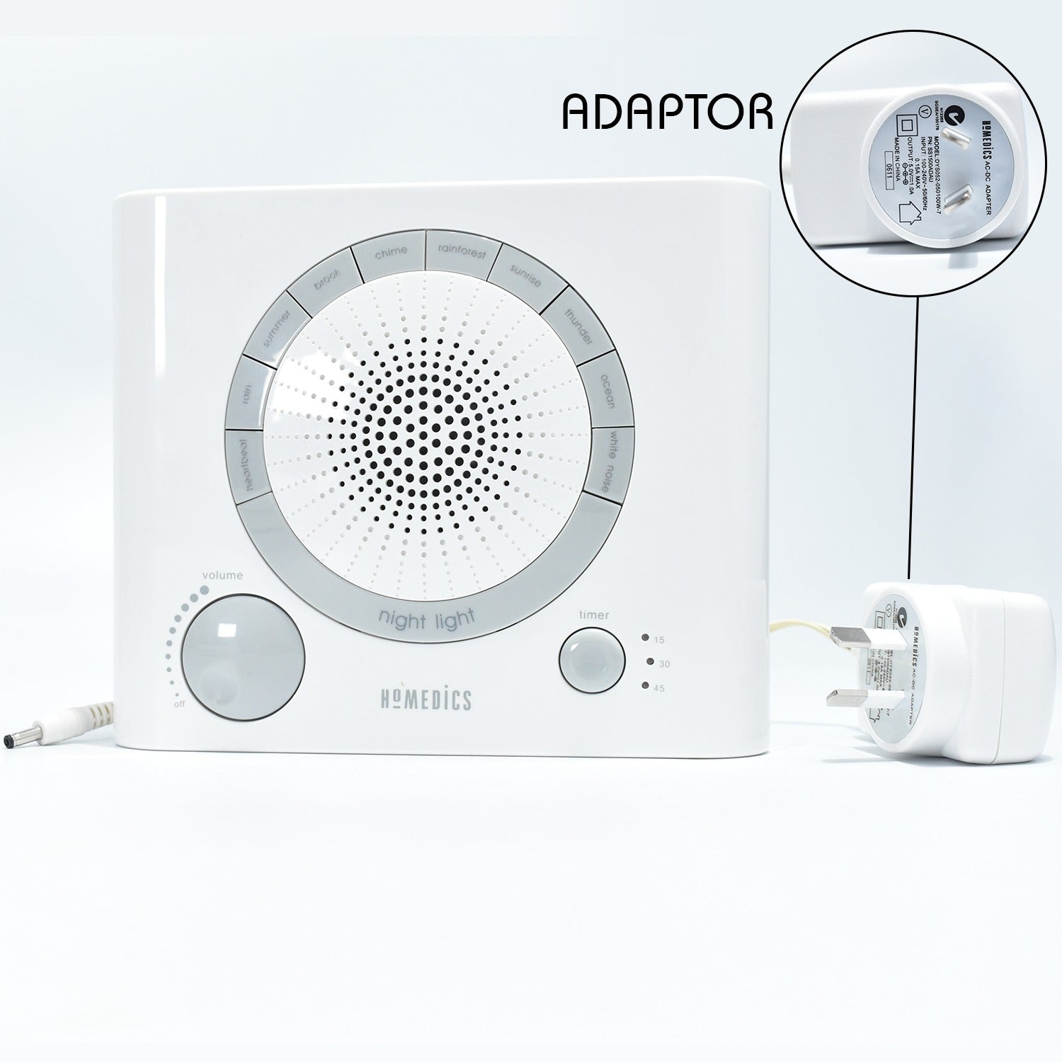 Sleep therapy machine with focus on timer and sound selection features. Sleep therapy machine with focus on timer and sound selection features.